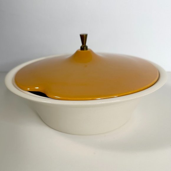 MCM White Baking Dish with Orange Slotted Lid Vintage